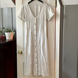 Striped waist-defined button-down midi dress